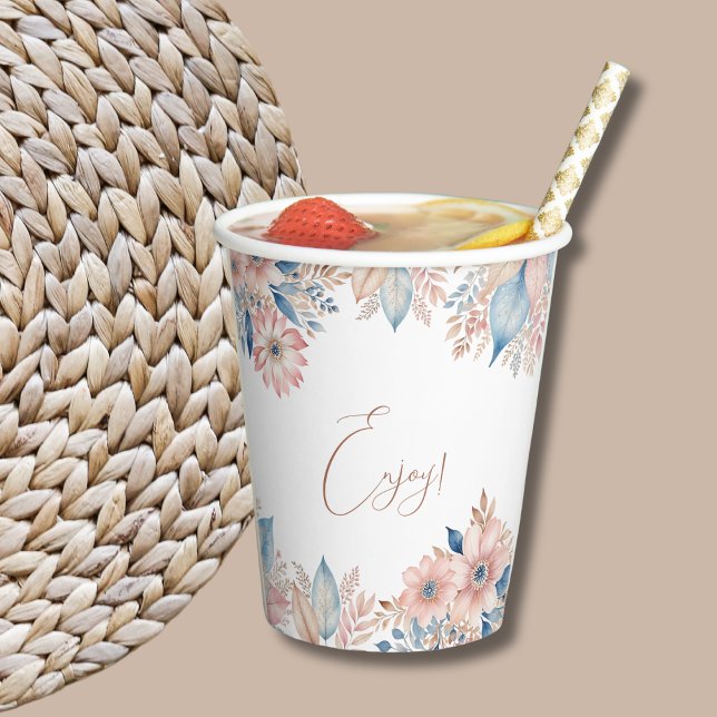 Pink Blue Floral Boho Chic Brautparty Pappbecher (Von Creator hochgeladen)