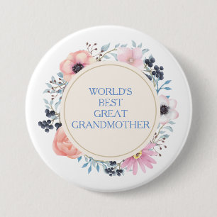 Pink Blue Floral Bouquet Best Great Großmutter Button
