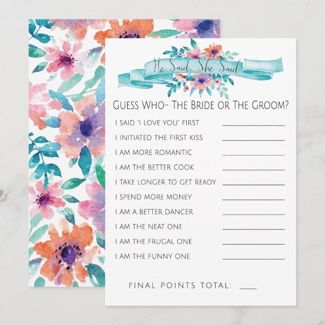 Pink Blue Floral Brautparty Game-He-she sagte Einladung (Vorne/Hinten)