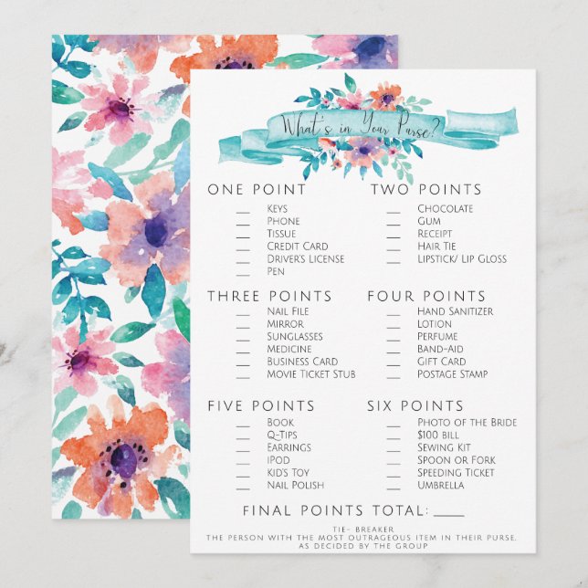 Pink Blue Floral Brautparty Pursuit Game Einladung (Vorne/Hinten)
