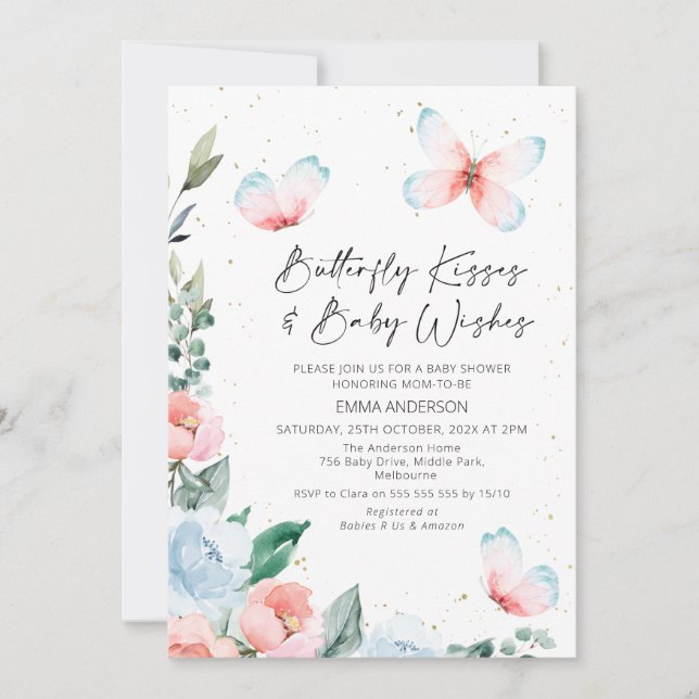 Pink Blue Floral Butterfly Kisses Baby Dusche Einladung (Vorderseite)