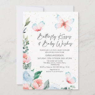 Pink Blue Floral Butterfly Kisses Baby Dusche Einladung