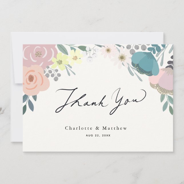 Pink & Blue Floral Cream Wedding Vielen Dank Dankeskarte (Vorderseite)