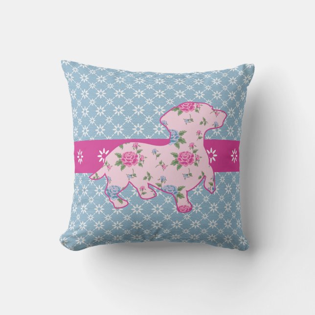 Pink & Blue Floral Dackel Baumwollkissen Kissen (Vorderseite)