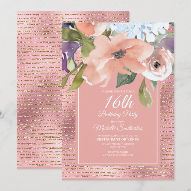 Pink Blue Floral Gold Glitzer Girl's 16. Geburtsta Karte (Vorne/Hinten)