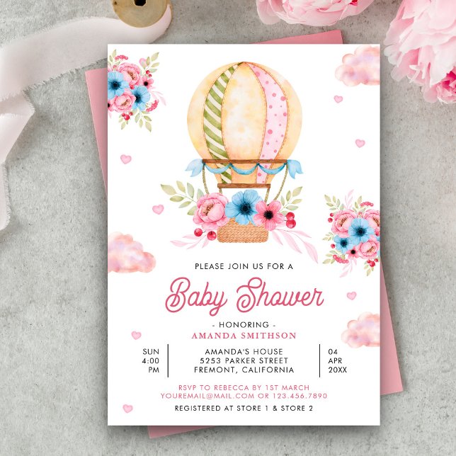 Pink Blue Floral Hot Air Ballon Girl Baby Dusche Einladung (Von Creator hochgeladen)