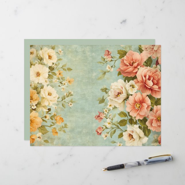 Pink Blue Floral Junk Journal Scrapbook Paper (Vorderseite/Rückseite Beispiel)