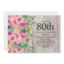 Pink Blue Floral Rustic Wood 80. Geburtstagsparty