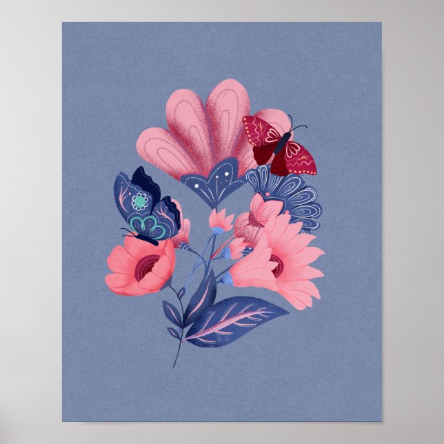 Pink Blue Floral Schmetterlinge Kunst Poster (Vorne)