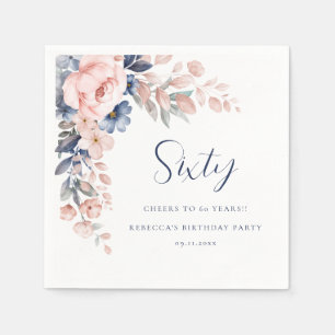 Pink Blue Floral Script 60. Geburtstagsparty Paper Serviette