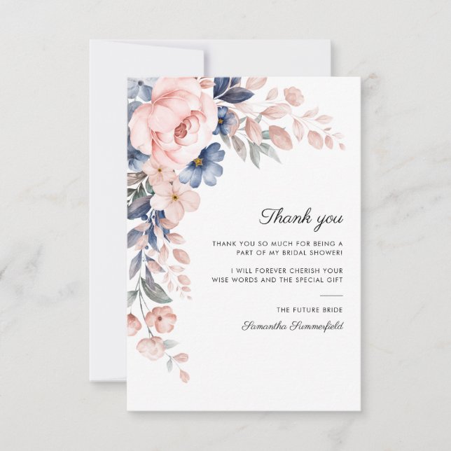 Pink Blue Floral Script Brautparty Dankeskarte (Vorderseite)