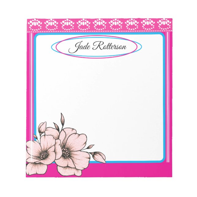 Pink & Blue Floral Stilvolle Feminine Girly Name Notizblock (Vorderseite)