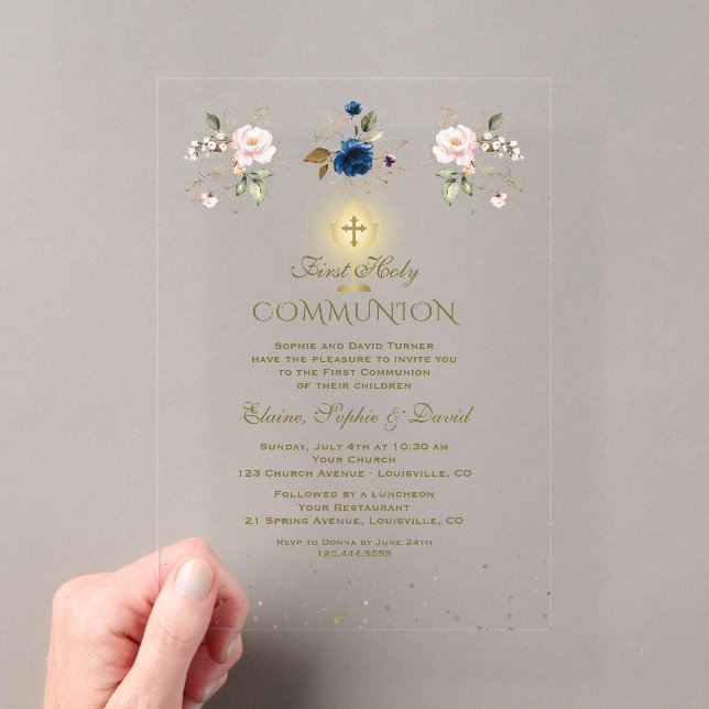 Pink Blue Floral Triplets First Holy Communion Acryleinladungen (Insitu (Handheld))