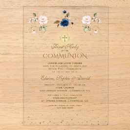 Pink Blue Floral Triplets First Holy Communion Acryleinladungen