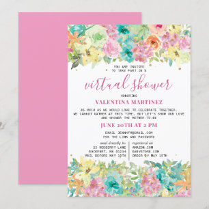 Pink Blue Floral Watercolor Glitzer Virtual Dusche Einladung
