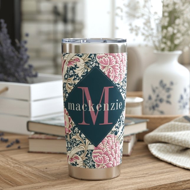 Pink Blue Floral William Morris Elegant Monogram Thermobecher (Von Creator hochgeladen)