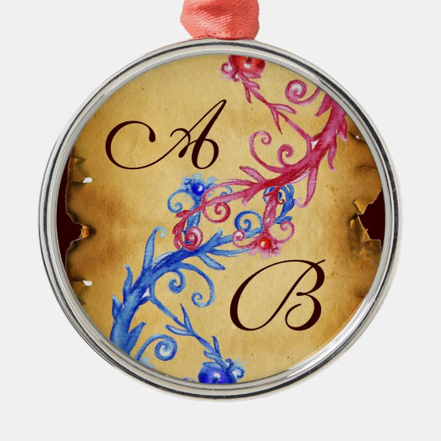 PINK BLUE FLORAL WIRBEL WEDING SOUVENIR MONOGRAM SILBERNES ORNAMENT (Vorne)