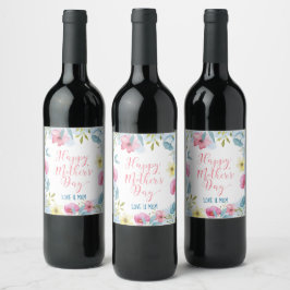 Pink Blue Florals Happy Mother Day Weinetikett