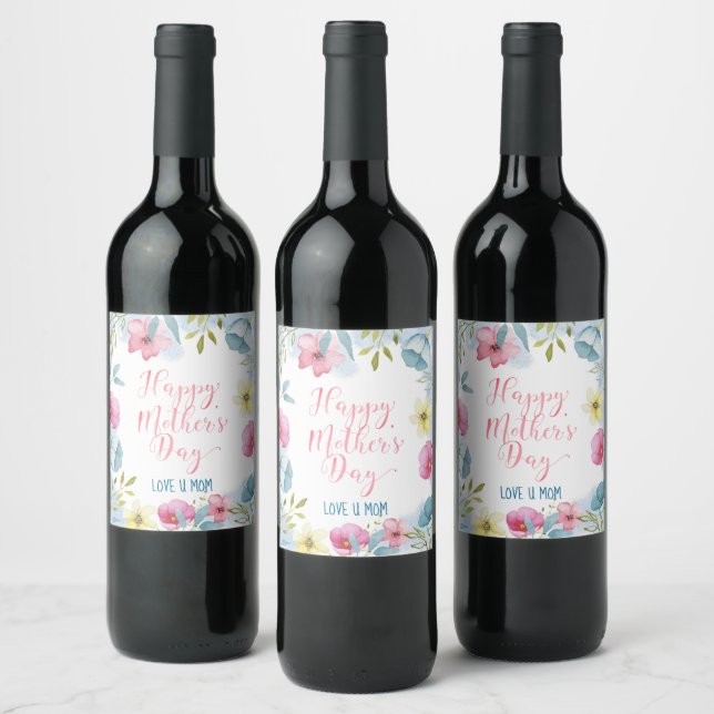 Pink Blue Florals Happy Mother Day Weinetikett (Flaschen)