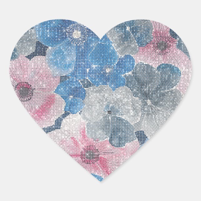 Pink Blue Flowers Sparkle Herz-Aufkleber (Vorderseite)