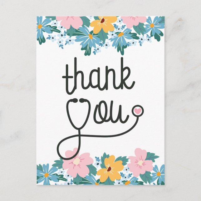 Pink Blue Flowers Stethoscope Nurse Vielen Dank Postkarte (Vorderseite)