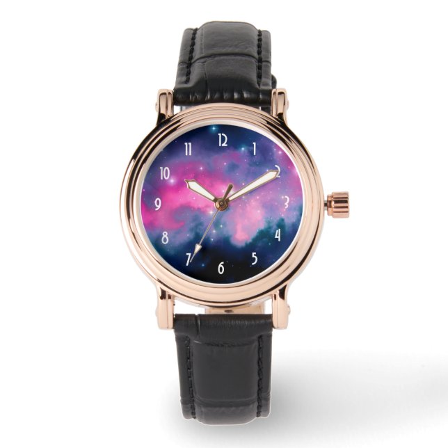 Pink & Blue Galaxy & Stars Abstrakt Armbanduhr (Vorderseite)