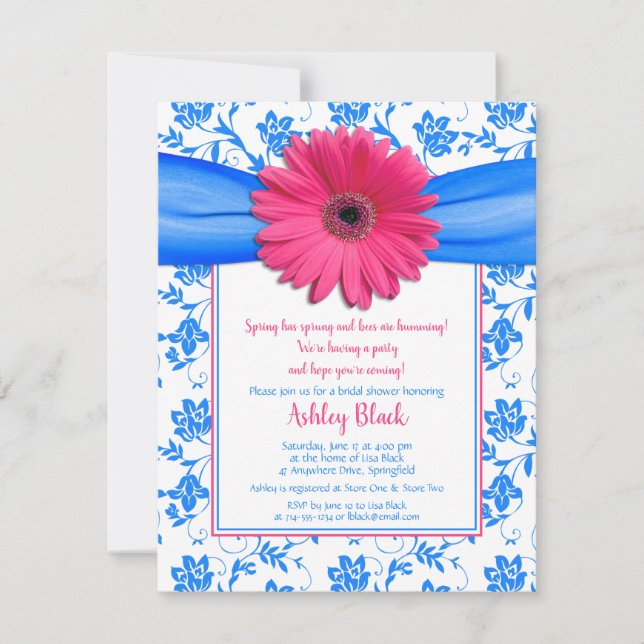 Pink Blue Gerbera Daisy Bridal Dusche Einladung (Vorderseite)