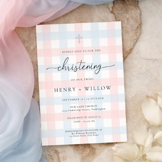 Pink Blue Gingham Christening Einladung