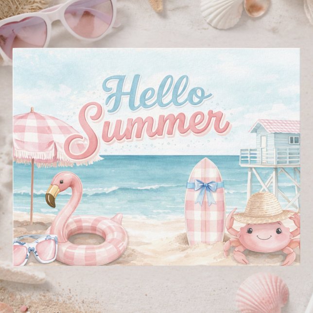Pink Blue Gingham Hello Summer Beach Coastal Postkarte (Von Creator hochgeladen)