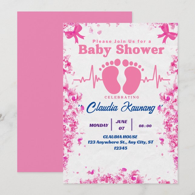 Pink & Blue Girl Baby Dusche Einladung (Vorne/Hinten)
