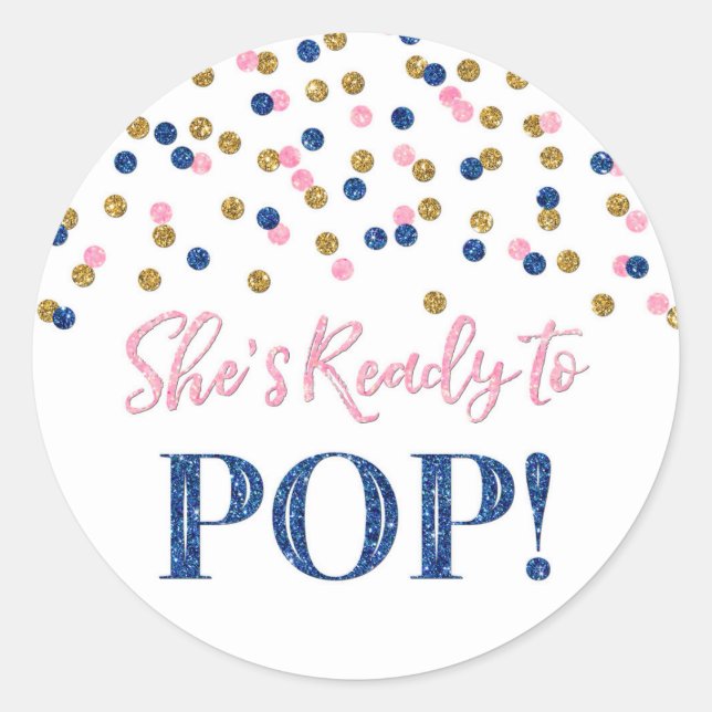Pink Blue Gold Confetti Sie ist bereit zum Pop Runder Aufkleber (Vorderseite)