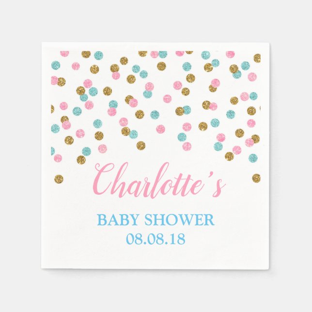Pink Blue Gold Dots Baby Dusche Napkins Serviette (Vorderseite)