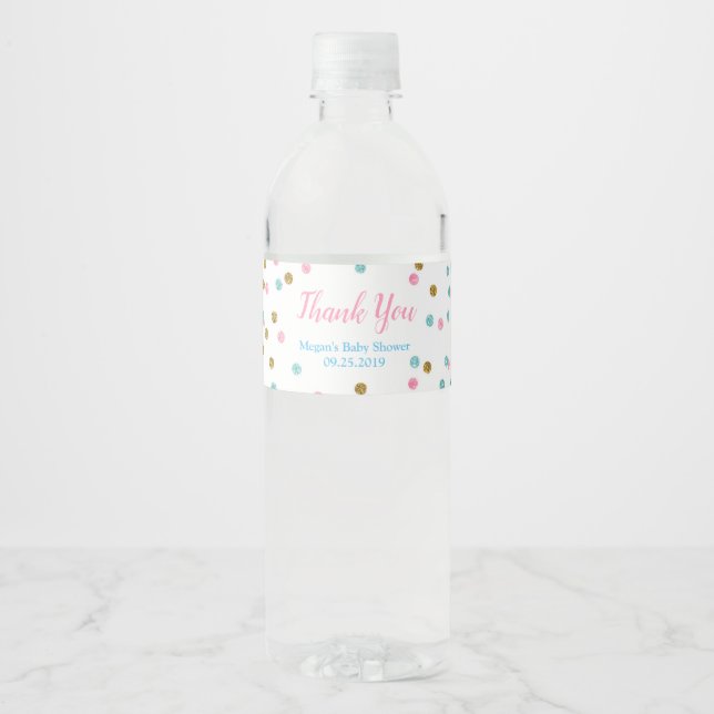 Pink Blue Gold Dots Baby Dusche Wasser Flasche Eti (Vorderseite)