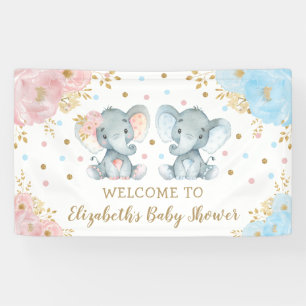 Pink Blue Gold Floral Elephant Twins Baby Dusche Banner