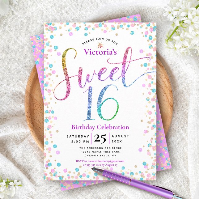 Pink Blue Gold Glitzer Confetti Sweet 16 Geburtsta Einladung (Von Creator hochgeladen)