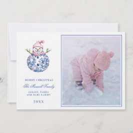 Pink & Blue Grandmillennial Damask Snowman Foto Einladung