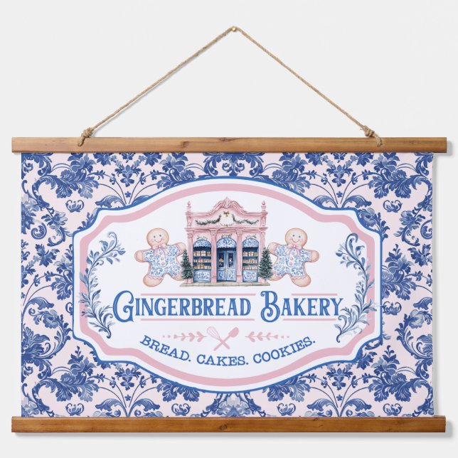 Pink & Blue Grandmillennial Gingerbrot Bäckerei Wandteppich Mit Holzrahmen (Vorne)