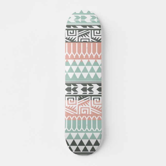 Pink Blue Grau Abstrakt Aztec Tribal Print Pattern Skateboard (Vorne)