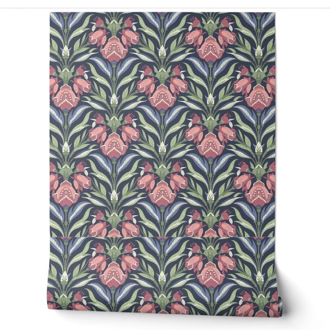 Pink Blue Green Floral Art Nouveau Tapete (Abrollen)