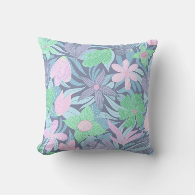 Pink Blue Green Floral Illustration Muster Kissen (Vorderseite)