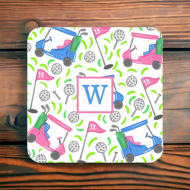 Pink Blue Green Golf Preppy Initial Rechteckiger Pappuntersetzer (Von Creator hochgeladen)