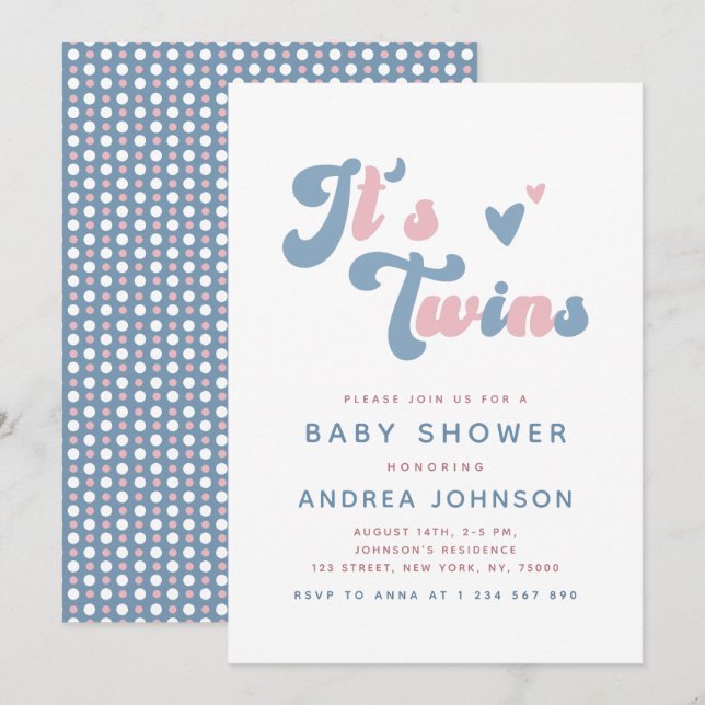 Pink & Blue Groovy Retro Twins Dotted Baby Dusche Einladung (Vorne/Hinten)