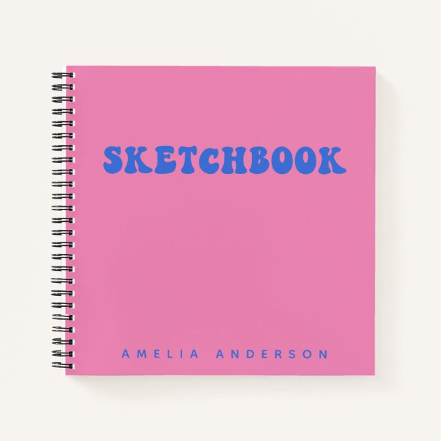 Pink Blue Groovy Sketchbook Personalisiert Name Notizbuch (Vorderseite)