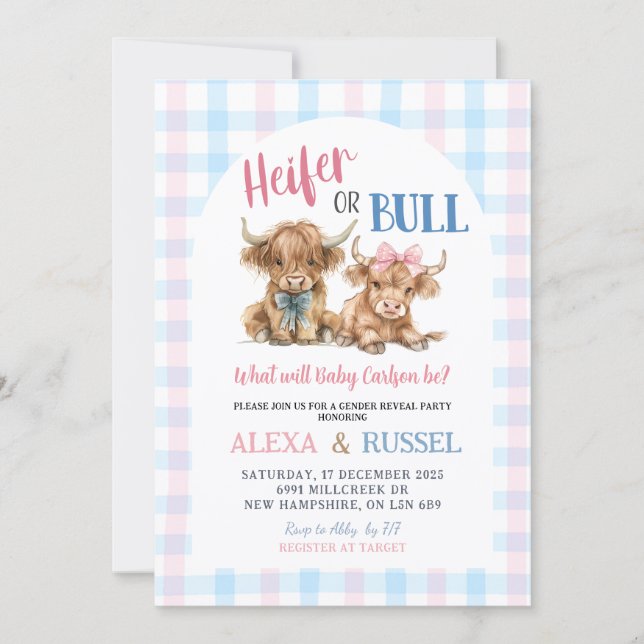 Pink Blue Heifer Bull Gender Reveal Invitation (Devant)