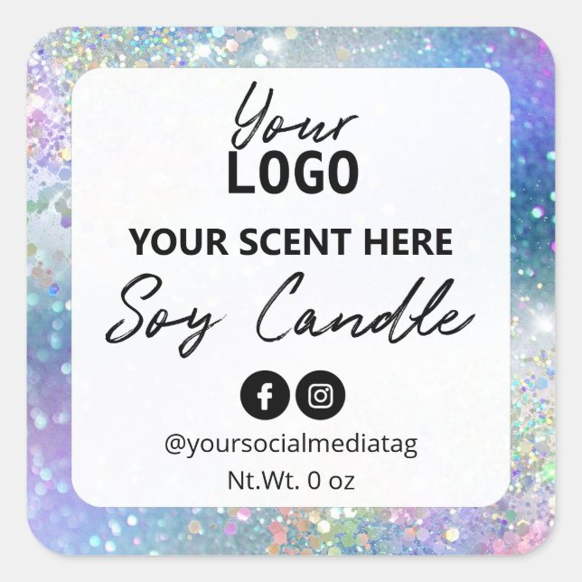 Pink Blue Holographic Glitzer Soy Candle Labels Quadratischer Aufkleber (Vorderseite)
