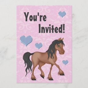 Pink & Blue Horse & Herz Damask Geburtstag Einladu Einladung