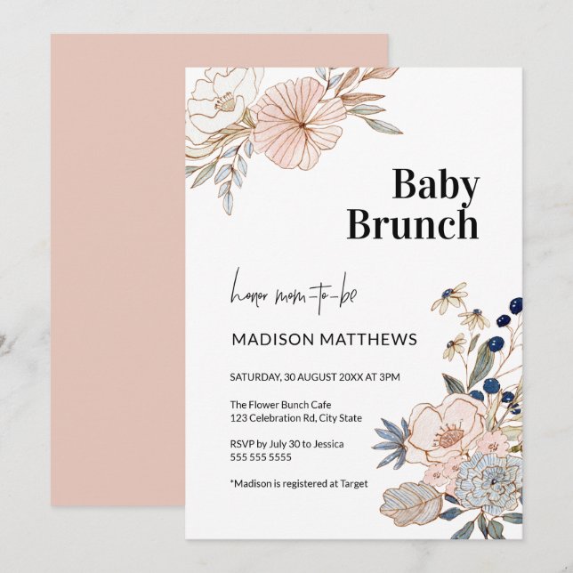 Pink Blue Hübsch Floral Baby Brunch Dusche Einladung (Vorne/Hinten)