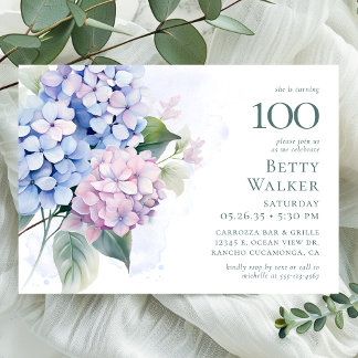 Pink Blue Hydrangeas 100. Geburtstagsparty Einladung