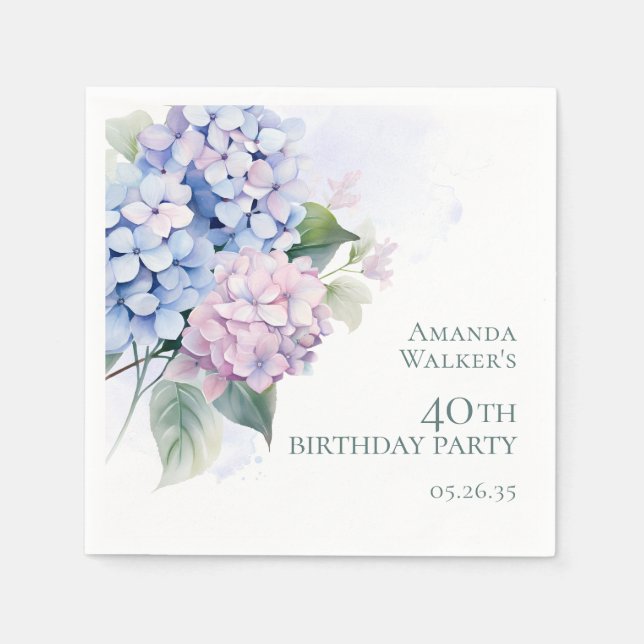 Pink Blue Hydrangeas 40. Geburtstag Party Serviette (Vorderseite)