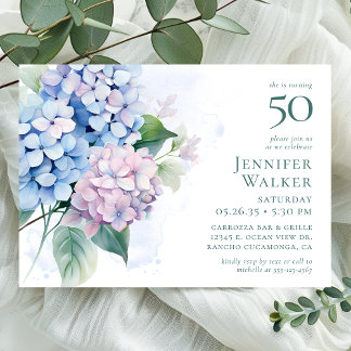 Pink Blue Hydrangeas 50. Geburtstagsparty Einladung